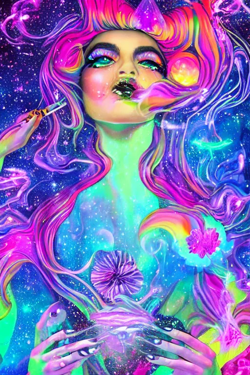Prompt: psychedelic, whimsical, painting, beautiful intimate woman blowing smoke, with professional makeup, long trippy hair, a crystal and flower dress, sitting in a reflective pool, surrounded by gems, underneath the stars, rainbow fireflies, trending on patreon, deviantart, twitter, artstation, volumetric lighting, heavy contrast, art style of Ross Tran and Viktoria Gavrilenko and Ilya Kuvshinov
