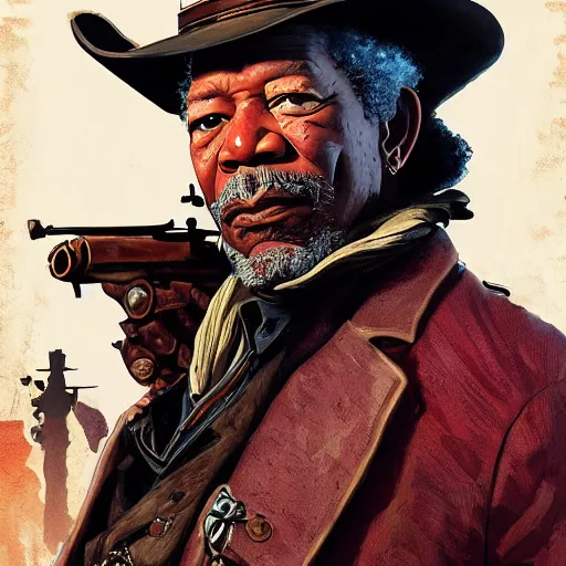 Image similar to Morgan Freeman as a steampunk cowboy in Red Dead Redemption 2, intricate, highly detailed, digital painting, artstation, concept art, sharp focus, illustration, art by greg rutkowski and alphonse mucha