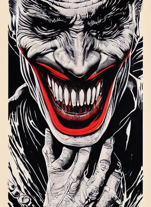 Image similar to willem dafoe as the joker, big smile, grotesque, horror, high details, intricate details, by vincent di fate, artgerm julie bell beeple, 1 9 8 0 s, inking, vintage 8 0 s print, screen print