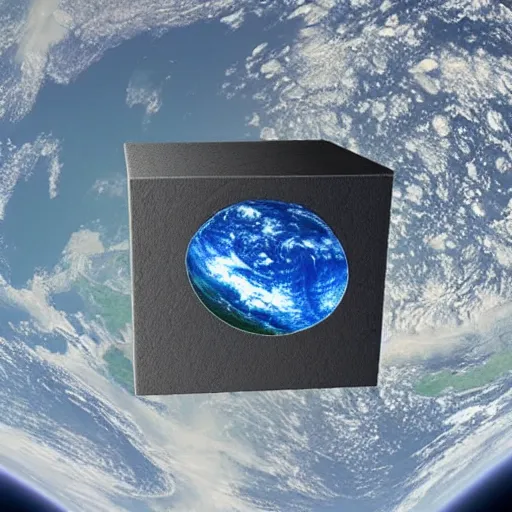 Prompt: cubic Earth in space. Earth in the form of a cube. Photo from orbital station