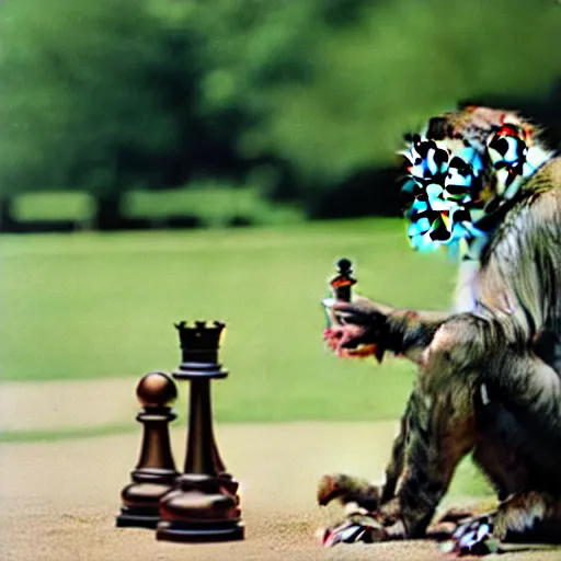 Image similar to portrait photo of a monkey playing chess in a park by annie liebovitz,