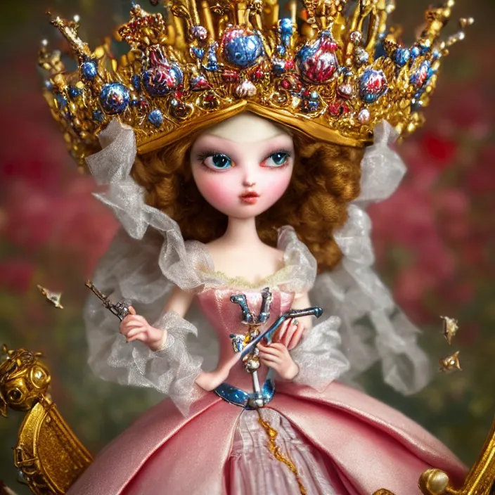 Image similar to highly detailed closeup, portrait of a tin toy fairytale princess wearing a crown, unreal engine, nicoletta ceccoli, mark ryden, earl norem, lostfish, global illumination, detailed and intricate environment