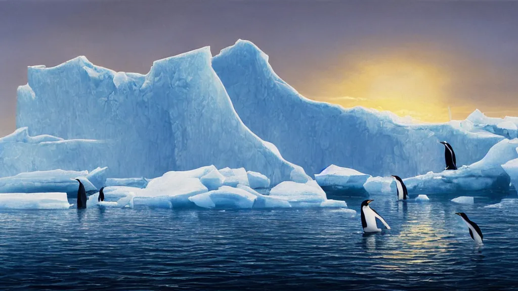 Prompt: the most beautiful panoramic landscape, oil painting, where a giant iceberg is lost in middle of the artic ocean, a giant penguin is exhaling steam while walking over the iceberg, there is nothing else, the artic ocean is reflecting the giant penguin over the iceberg and the ray lights of the sunset are brightening him, by greg rutkowski, minimal style,