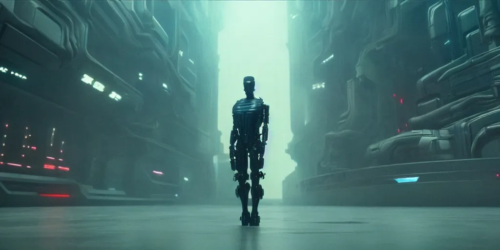 Prompt: biomechanical android in big datacenter shot from ridley scott blade runner 2 0 4 9 movie