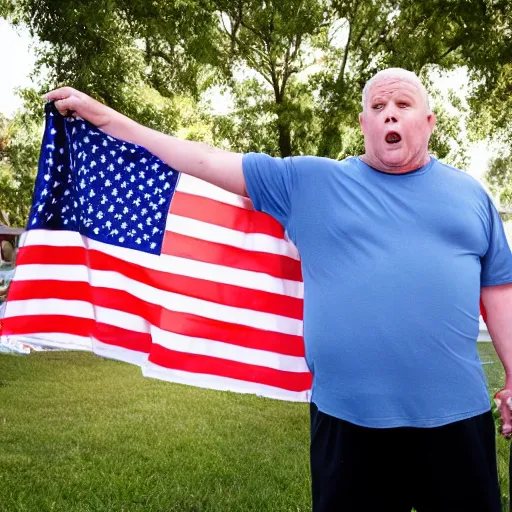 Prompt: old overweight boomer man waving a american flag angrily
