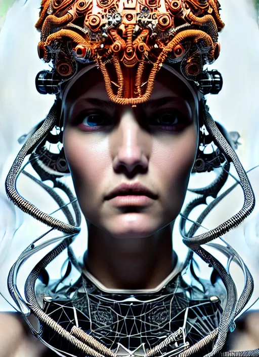 Image similar to portrait of an absurdly beautiful, graceful, sophisticated, fashionable cyberpunk mechanoid, hyperdetailed illustration by irakli nadar and alexandre ferra, intricate linework, white porcelain skin, faberge, coral headdress, unreal engine 5 highly rendered, global illumination, radiant light, detailed and intricate environment