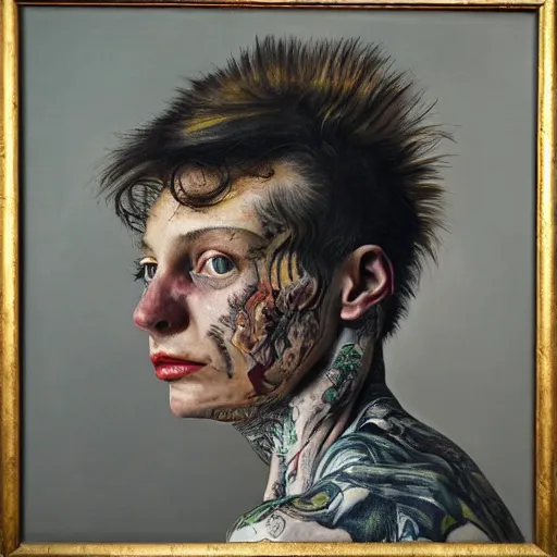 Image similar to high quality high detail painting by lucian freud, hd, exaggerated portrait of punk tattooed girl, photorealistic lighting