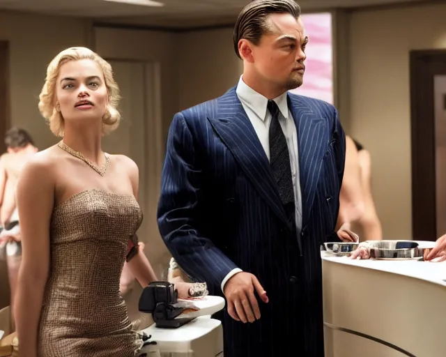 Image similar to leonardo dicaprio as the wolf of wall street next to margot robbie as naomi from the wolf of wall street, hyper realistic faces, hyper realistic eyes, cinematic, long shot, hyper detailed, 8 5 mm photograph, 8 k resolution, film still, sharp lens, wide lens