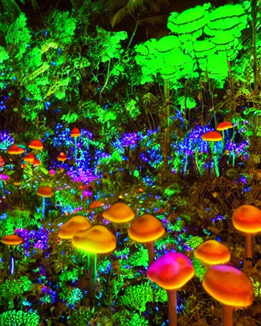 Prompt: uv - induced visible fluorescence in tropical pandora flowers and mushrooms blossom at night, dark background