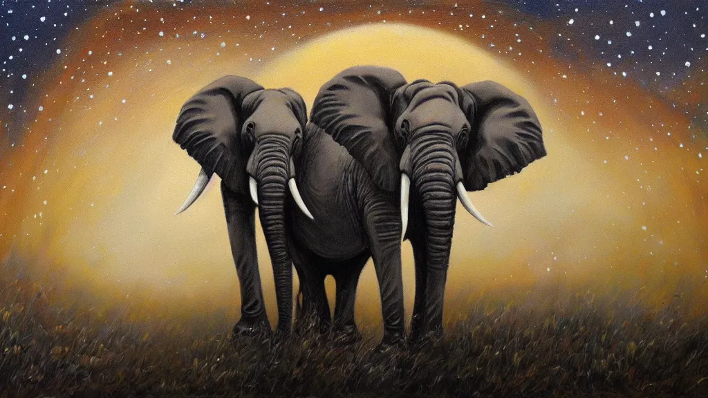 Prompt: elephant looking in the night savannah starry sky, masterfull oil painting