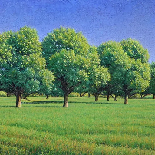 Image similar to dismal pine green by david ligare, by steve hanks. a beautiful photograph depicting a farm scene. the photograph shows a view of an orchard with trees in bloom.