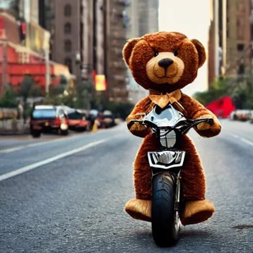 Image similar to a teddy bear wearing a formal suit while driving a motorcycle at a city