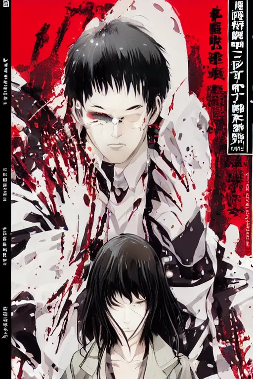 Image similar to professionally drawn seinen mature cyberpunk horror detective action manga comic cover, full color, beautifully drawn coherent professional, drawn by ilya kuvshinov, ilya kuvshinov, and hiromu arakawa and tsutomu nihei. japanese script kanji hiragana on the cover. simplistic minimalist cover art. stylized stylistic.