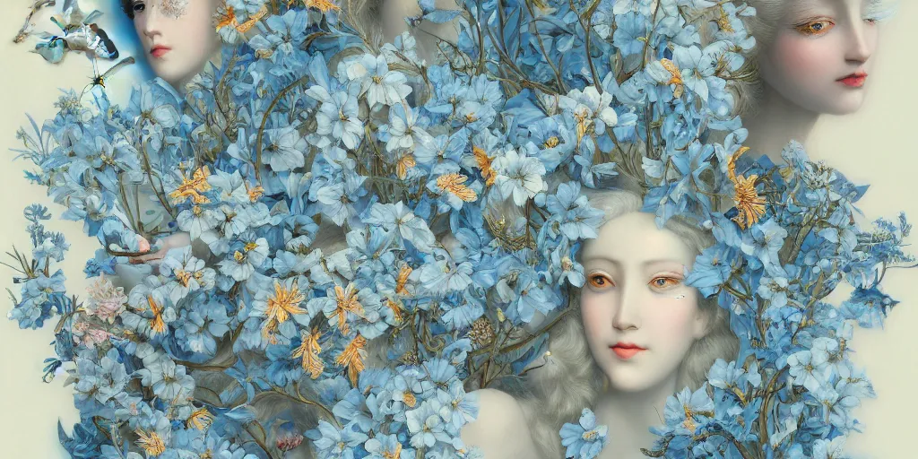 Image similar to breathtaking detailed concept art painting art deco pattern of blonde faces goddesses amalmation light - blue flowers with anxious piercing eyes and blend of flowers and birds, by hsiao - ron cheng and john james audubon, bizarre compositions, exquisite detail, extremely moody lighting, 8 k