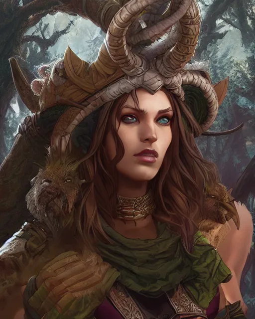 Prompt: Tiefling Druid Apex Legends character digital illustration portrait design by, Mark Brooks and Brad Kunkle detailed, gorgeous lighting, wide angle dynamic portrait