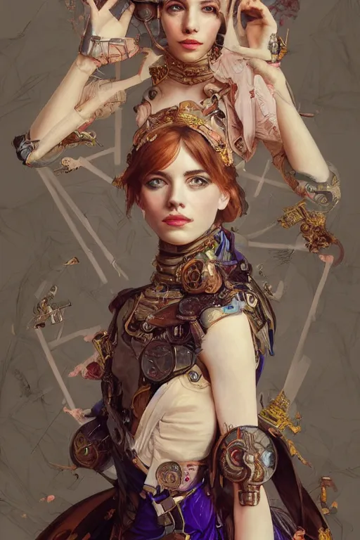 Image similar to a cobination of emma roberts, emma stone and emma watson as a baroque steampunk, augmented cyborg, half body, d & d, fantasy, intricate, elegant, highly detailed, colorful, vivid color, digital painting, artstation, concept art, art by artgerm and greg rutkowski and alphonse mucha and ruan jia