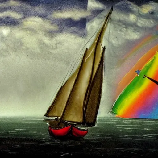 Image similar to balmy, melancholic crayon art, depth of field by willem kalf, by andy warhol, by randolph caldecott. a beautiful street art of a sailboat sailing on a sea of clouds, with a rainbow in the background. the sailboat is crewed by a group of monkeys, & the sails are billowing in the wind.