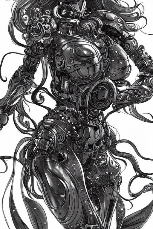 Prompt: full body illustration female cyborg, voluptuous medusa, highly detailed, sumi - e art, suiboku - ga ink, by kim jisu, pen and ink monochrome, mecha, deviantart, artstation, pinterest