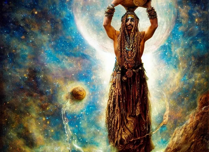 Prompt: A shaman holding up the universe, by Hans Zatzka, reflection, symbolist, soft colors, dramatic lighting, smooth, sharp focus, extremely detailed, aesthetically pleasing composition