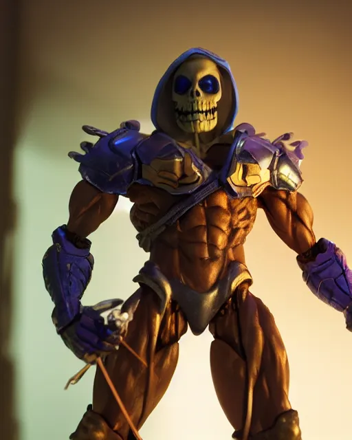 Image similar to closeup skeletor action figure in a castle, rim lighting, octane, Natasha Tan, Maciej Kuciara, Edgar Rice Burroughs,