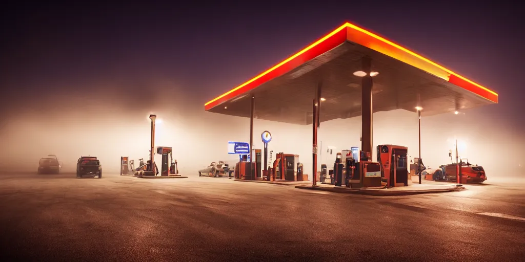 Prompt: gas station, fog, night, atmospheric lighting, high quality digital photography, 8k