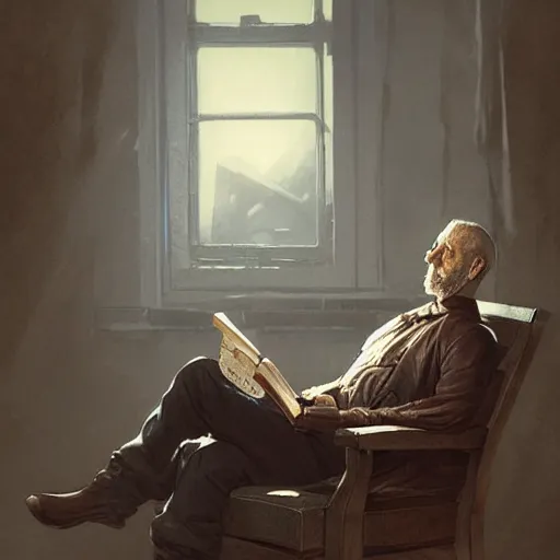 Prompt: old fatman sitting on chair reads book, light stubble, digital art, photorealistoc, art by greg rutkowski, hyperdetailed, western comic style, comic, comic style, sharp lineart, professional lighting, deviantart, artstation, trevor henderson, rossdtaws, cinematic, dramatic