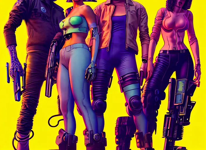 Image similar to cyberpunk heist crew. portrait by stonehouse and mœbius and will eisner and gil elvgren and pixar. character design. realistic proportions. cyberpunk 2 0 7 7 character art, blade runner 2 0 4 9 concept art. cel shading. attractive face. thick lines. the team. diverse characters. shadowrun. artstationhq.