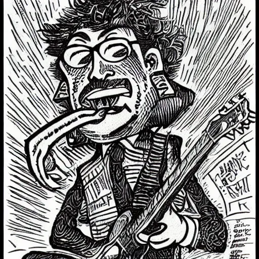 Prompt: a funny looking stoned rock 'n' roll guy detailed illustration, intricate crosshatch sketch drawing by Robert Crumb