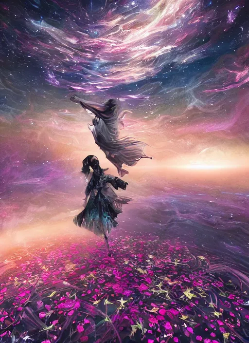 Image similar to An epic fantastic realism comic book style painting of the most beautiful spinning flowers launched across the dark and starry night sky, floating bouquets, fisheye, unreal 5, DAZ, hyperrealistic, octane render, dynamic lighting