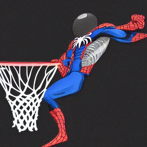 Image similar to highly detailed art of venom dunking a basketball into a loop over spider man, ultra realistic, trending in artstation