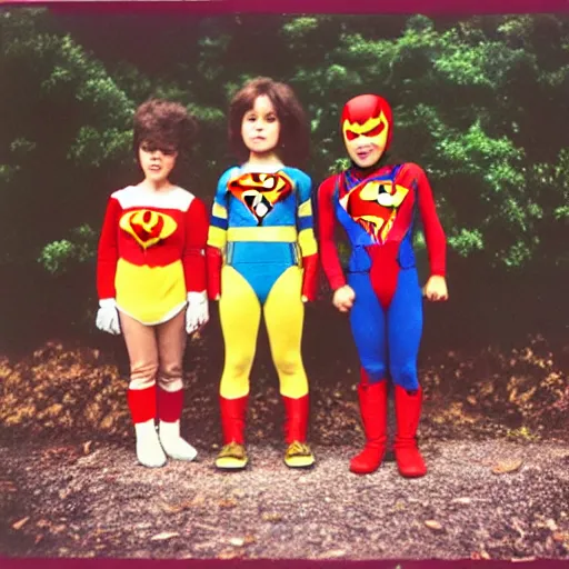 Prompt: a group of kids wearing superhero-outfits, photography 1980 kodak cam