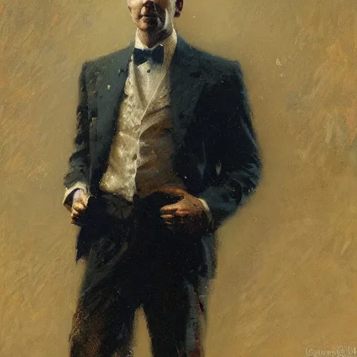 Image similar to detailed portrait of man in black suit, spring light, painting by gaston bussiere, craig mullins, j. c. leyendecker