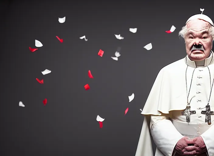 Prompt: photo still of rip taylor as the pope!!!!!!!! at age 5 4 years old 5 4 years of age!!!!!!! throwing confetti from a bucket at church, 8 k, 8 5 mm f 1. 8, studio lighting, rim light, right side key light