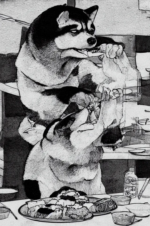 Image similar to a portrait of a shiba inu eating sushi, in the art style of katsuhiro otomo, realistic, highly detailed, b & w, 4 k