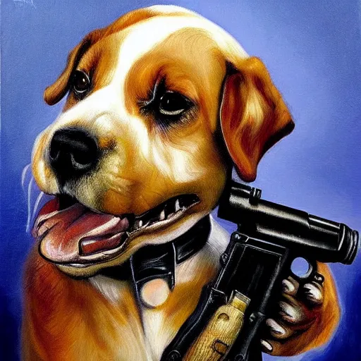 Prompt: a zombie puppy holding a gun. Painting by James Gurney