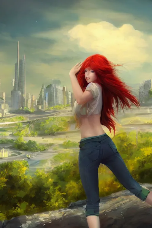 Image similar to beautiful cute red haired joyful and playful nineteen year old maiden standing up in casual green clothing with a modern city in the background, long hair, cute pose, athletic body, rpg character, sci - fi, fantasy, intricate, elegant, digital painting, artstation, concept art, smooth, 8 k frostbite 3 engine, ultra detailed