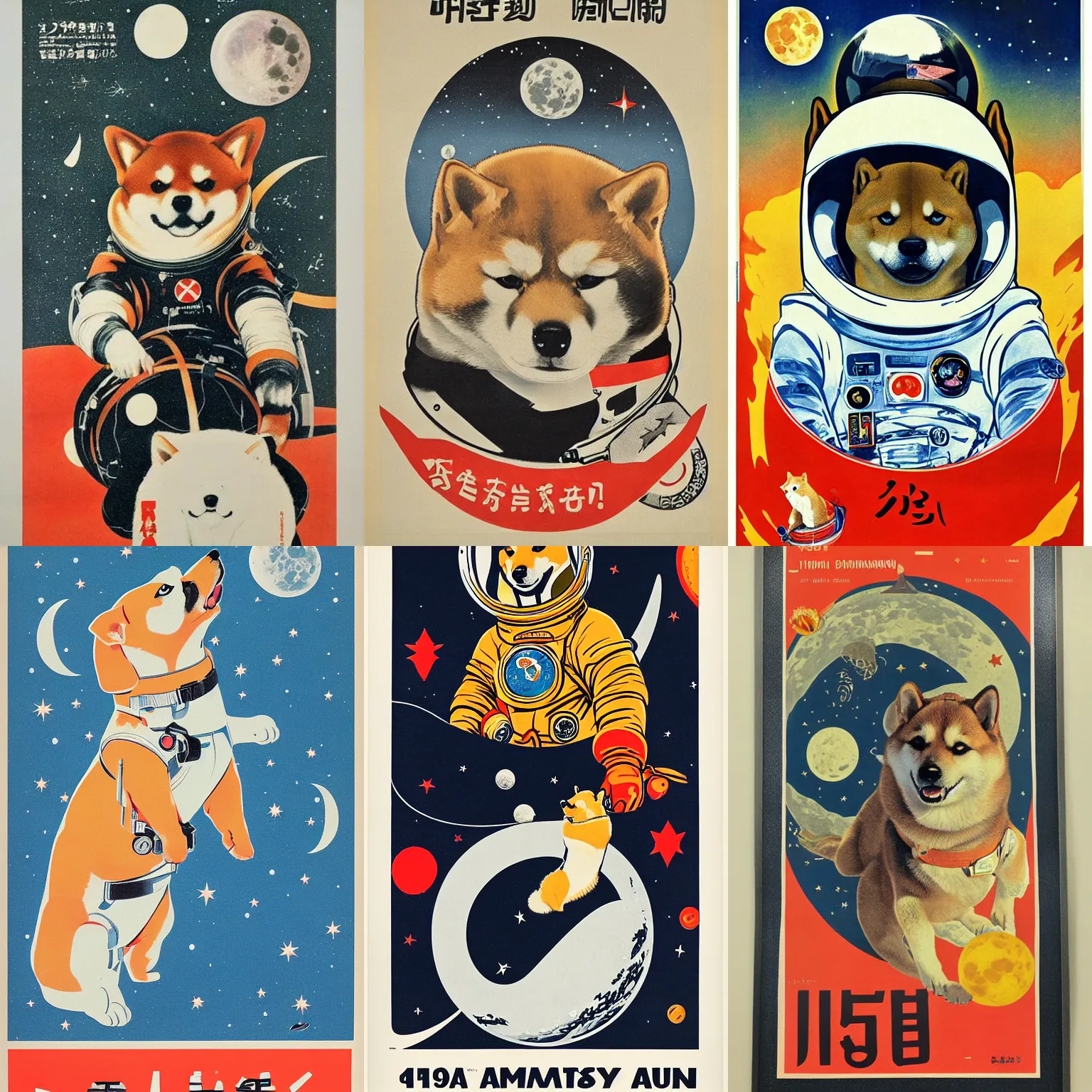 Image similar to Shiba Inu cosmonaut portrait, moon mission, 60s poster, 1968 Soviet Japanese
