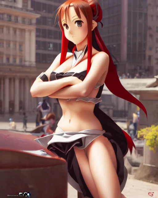 Image similar to pinup photo of asuna from sao in the crowded square of the city, asuna by a - 1 pictures, by by greg rutkowski, gil elvgren, enoch bolles, glossy skin, pearlescent, anime, very coherent, maxim magazine, 3 d, vray, unreal 5, maya