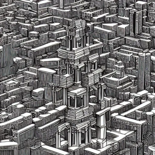 Image similar to a highly detailed, black and white, beautiful city in the style of MC Escher, 4K