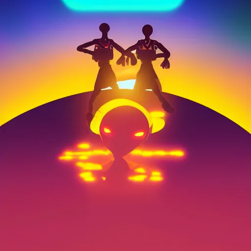 Prompt: Two aliens engaged in battle on a mountaintop, in front of a giant sunset with two suns, cool neon colors, cell shaded