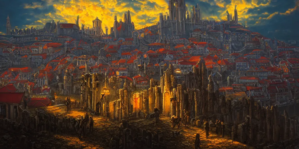 Image similar to fantasy oil painting, megalithic city of lisbon, fantasy, buildings, looming, colossal, gate, small buildings, warm lighting, street view, daytime, silhouetted figure standing overlooking the port city, epic, distant mountains, bright clouds, luminous sky, cinematic lighting, michael cheval, michael whelan, artstation, oil painting, vray, 8 k hd
