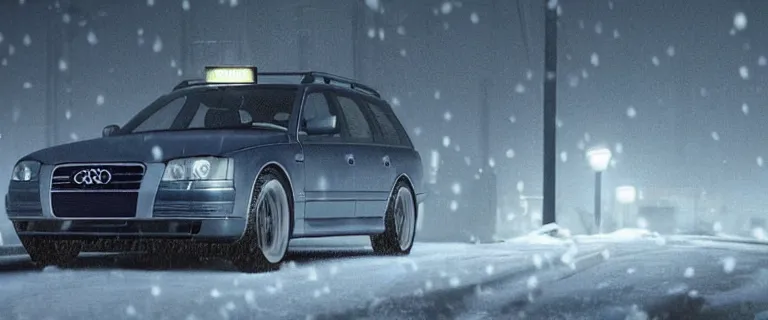 Image similar to Audi A4 B6 Avant (2002), a gritty neo-noir, dramatic lighting, cinematic, eerie person, death, homicide, homicide in the snow, gunshots, establishing shot, extremely high detail, photorealistic, cinematic lighting, artstation, by simon stalenhag, Max Payne (PC) (2001) winter New York at night, In the style of Max Payne 1 graphic novel, flashing lights, Poets of the Fall - Late Goodbye