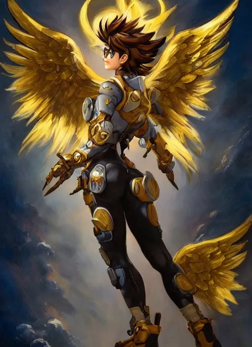 Image similar to full body oil painting of tracer overwatch in the style of frank frazetta, angel wings, angelic golden armor, dramatic painting, symmetrical composition, ornate, golden chains, high detail, gold detailed collar!!!!!, blooming, angelic, lights, flowers, heavenly, bright, detailed face,