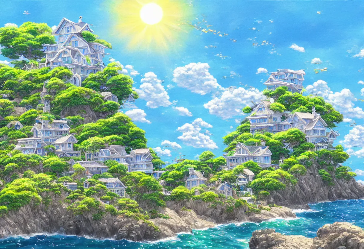 Image similar to a beautiful ultradetailed painting of a seaside house, sunny, close shot, studio ghibli sunlight, archdaily, wallpaper, highly detailed, trending on artstation