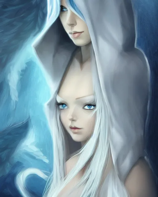 Image similar to A beautiful mysterious girl with hooded cobalt-blue eyes and silky white hair, guitar shape build, her wardrobe is attractive, full body, fantasy art, in the style of Frank Neidhardt, illustration, epic art, fantasy, intricate, elgant, amazing detail, digital painting, artstation, concept art, smooth, sharp focus