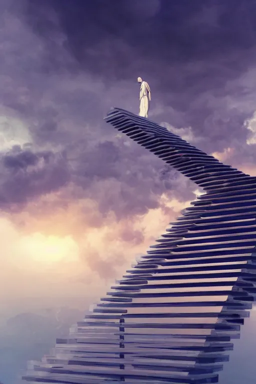 Image similar to infinite stairs rising to the heaven in the middle of the sky, concept art, octane render, unreal engine 5, digital painting, hyperrealistic, highly detailed, high quality, 8 k hdr, digital art, clouds in the sky, breathtaking view, path traced, god, godrays, beautiful, elegant, harmonious, complementary colors, natural lighting