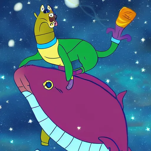 Image similar to Bojack Horseman riding a whale in space, digital art, Bojack Horseman