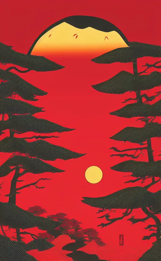 Image similar to hanafuda, a big red charm is floating above a forest of japanese pines, a big red sun in the background, original style, front game card, vector line art, trending on behance, concept art, stunning, matte