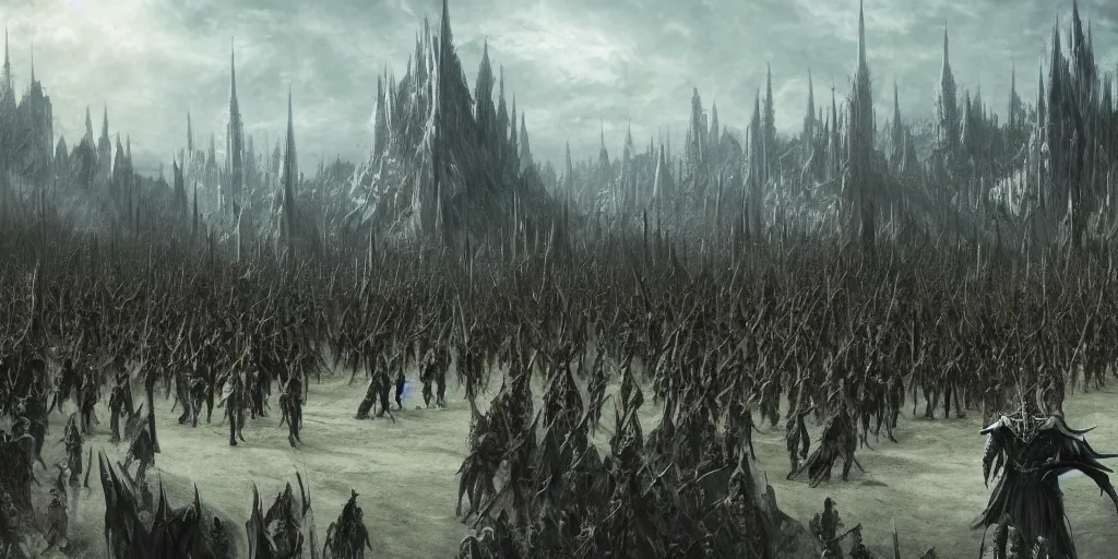 Image similar to Sauron in the foreground with his troops in the background in the evening, detailed matte painting, cinematic, Alan Lee, Artstation