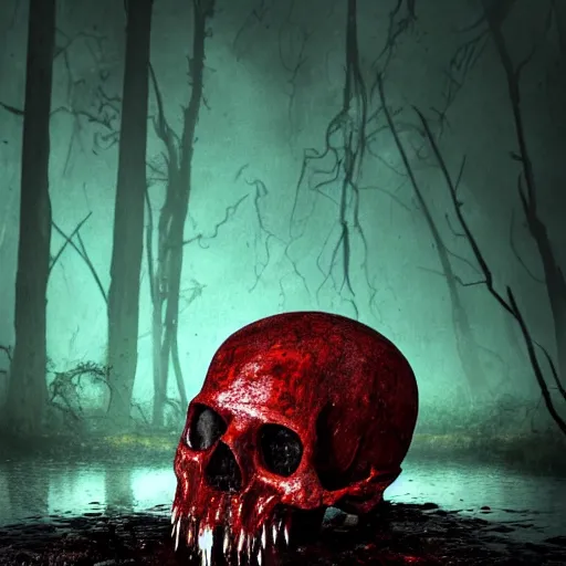 Prompt: a wet oozing horrifying skull in a swamp of blood, dark, backlit, 8 k